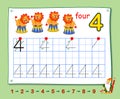 Mathematical education for little children. Learn write numbers. Printable worksheet for school textbook. Kids activity sheet.