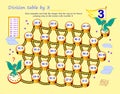 Mathematical educational page. Division table by three. Logic puzzle game. Solve examples and help the dragon find the way to his