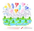 Mathematical exercise on addition and subtraction with maze for little children. Which balloon does each frog hold? Solve examples