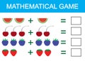 Mathematical game for children. Learning addition for kids, counting activity. Vector illustration