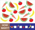 Mathematical game for preschool children. Count how many fruits, berries and vegetables banana, watermelon, tomato, carrot. Lear Royalty Free Stock Photo