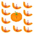 Mathematical games for children. Study the fractions numbers, example with of a pumpkin.