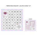 Mathematical labyrinth, worksheet - plus the number . Mathematical puzzle game. Learning mathematics, tasks for addition for