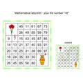 Mathematical labyrinth, worksheet - plus the number . Mathematical puzzle game. Learning mathematics, tasks for addition for