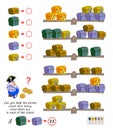 Mathematical logic puzzle game for children. Can you help the pirate count how many coins there are in each of the chests?