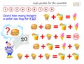 Mathematical logic puzzle game. Help the sailor to count how many burgers he can buy for $ 20.
