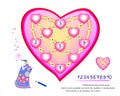 Mathematical logic puzzle game. Need to solve examples and write the numbers in empty hearts. Find solution so all equations are