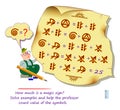 Mathematical logic puzzle game for smartest. How much is a magic sign? Solve examples and help the professor count value of the