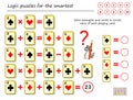 Mathematical logic puzzle game. Solve examples and count the value of each playing card. Write numbers in circles.