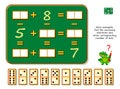 Mathematical logic puzzle game. Solve examples, find the necessary dominoes and draw corresponding number of dots. Brain teaser