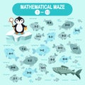 Mathematical maze game for small children. Winter collection. Penguin is fishing