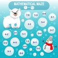 Mathematical maze. game for young children. Winter collection. polar bear and snowman