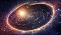 mathematical and physical formulas against the background of a galaxy
