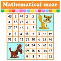 Mathematical rectangle maze.cat and dog . Game for kids. Number labyrinth. Education worksheet. Activity page. Riddle for children