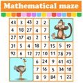 Mathematical rectangle maze.monkey and ostrich. Game for kids. Number labyrinth. Education worksheet. Activity page. Riddle for Royalty Free Stock Photo
