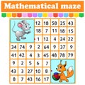 Mathematical rectangle maze. Mouse and squirrel. Game for kids. Number labyrinth. Education worksheet. Activity page. Riddle for