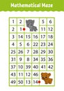 Mathematical rectangle maze. Wolf and bear. Game for kids. Number labyrinth. Education worksheet. Activity page. Riddle for