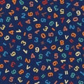 Mathematical seamless vector pattern, numbers and arithmetic symbols on a textured navy blue