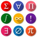 Mathematical Symbols. Set of colorful flat math icons with long shadows. Vector illustration Royalty Free Stock Photo