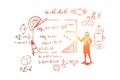 Mathematician with pointer, theorem proof, stationery tools,complex equations and formulas