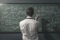 Mathematician solving problems and writing formulas on the chalkboard