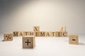Mathematics, astronomy, economy words with letters from wooden cubes