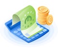 The mathematics calculator, paper euro, stack of coins. Isometric concept.