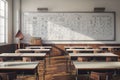 A mathematics classroom with desks arranged in a neat grid,