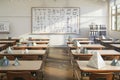 A mathematics classroom with desks arranged in a neat grid,