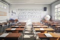 A mathematics classroom with desks arranged in a neat grid, a large whiteboard