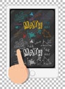 Mathematics doodles with ipad and finger on grid background Royalty Free Stock Photo