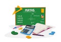 Mathematics Education and School Lesson Concept. Textbook or Notebook with Writings, Calculator, Pen and Compass Royalty Free Stock Photo