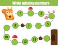 Mathematics educational game for children. Complete the row, write missing numbers. help squirrel find tree