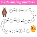 Mathematics educational game. Complete the row, write missing numbers. Solve the equation and help brown bear find honey