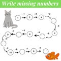 Mathematics educational game. Complete the row, write missing numbers. Solve the equation and help cat find gold fish. Royalty Free Stock Photo