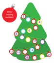 Mathematics educational game for children. Write the missing numbers. Christmas, New Year theme fun for toddlers Royalty Free Stock Photo