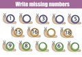 Mathematics educational game for children. Write the missing numbers