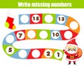 Mathematics educational game for children. Write the missing numbers. Help Santa Claus find road. Christmas, New Year theme fun fo Royalty Free Stock Photo