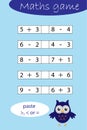 Mathematics game for children, find a solution, solve and paste, education game for kids, school worksheet activity, task for the