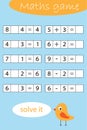 Mathematics game for children, find a solution, solve and write the result, education game for kids, school worksheet activity,