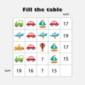 Mathematics game with pictures , transport theme, for children, middle level, education game for kids, school worksheet activity,