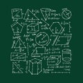 Mathematics and geometry, figures and formulas on dark green background. For school, university and training. Symbols Royalty Free Stock Photo