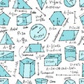 Mathematics and geometry, figures and formulas. Seamless pattern background. For school, university and training Royalty Free Stock Photo