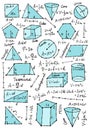 Mathematics and geometry, figures and formulas. Vertical card on white background. For school, university and training Royalty Free Stock Photo