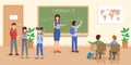 Mathematics lesson flat vector illustration. Cheerful teacher at chalkboard explaining maths to pupils cartoon