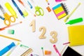 Mathematics. numbers 1, 2, 3 on the school desk. concept of education. back to school. stationery. White background. stickers, col Royalty Free Stock Photo