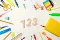 Mathematics. numbers 1, 2, 3 on the school desk. concept of education. back to school. stationery. White background. stickers, col Royalty Free Stock Photo