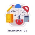 Mathematics School Subject Icon, Education and Science Discipline with Related Elements Flat Style Vector Illustration Royalty Free Stock Photo