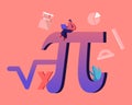 Mathematics Science and Algebra Concept. Tiny Student Female Character with Laptop Sitting on Huge Sign Pi