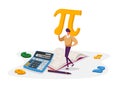 Mathematics Science and Algebra Concept. Tiny Student Male Character Carrying Huge Sign Pi with Digits